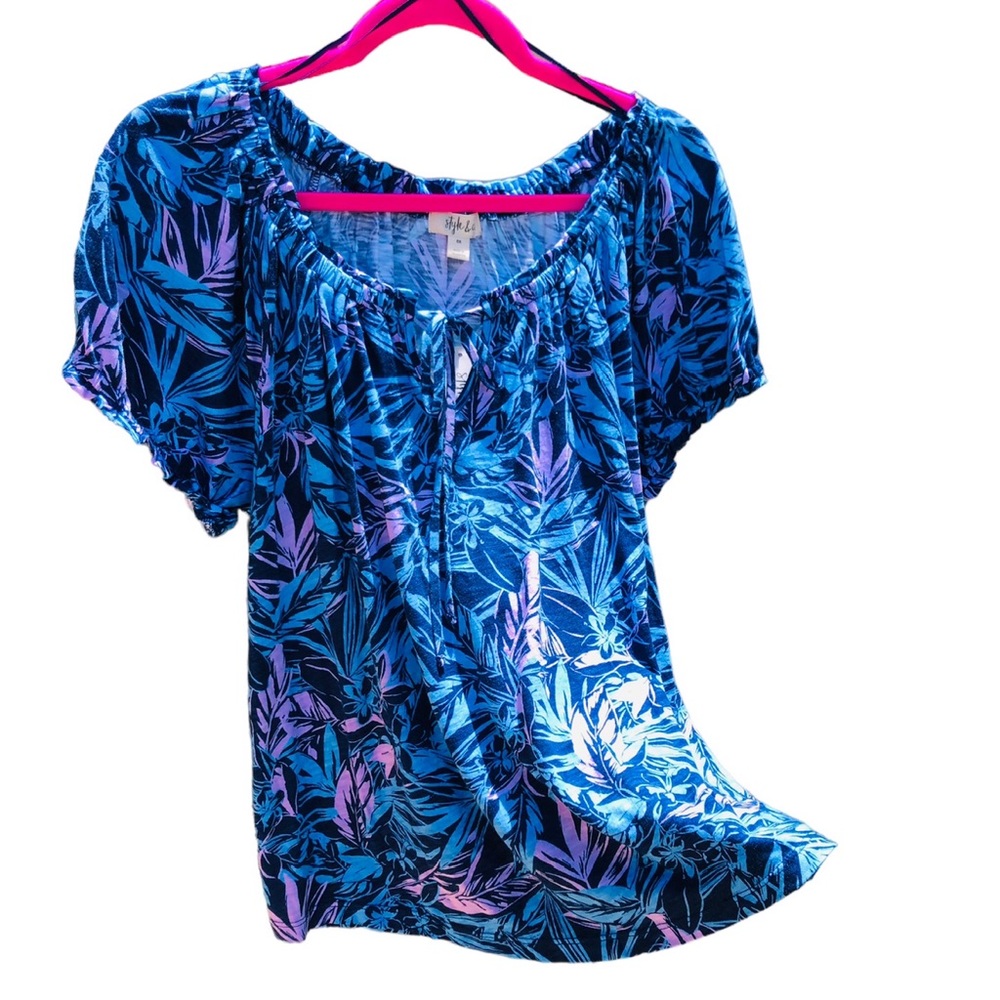 Style & Co Blue Palmescape Tropical Blouse